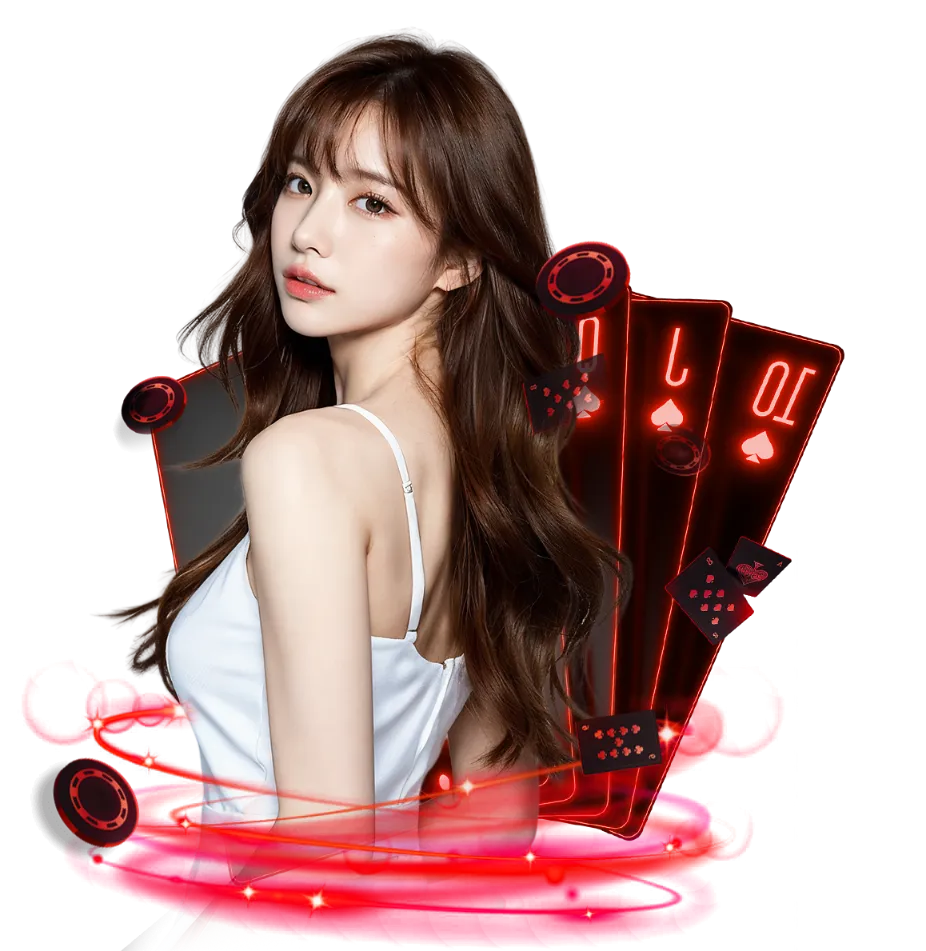 ภาพโปรโมท DARA168 คาสิโนออนไลน์ธีมสีแดง พร้อมหญิงสาวและไพ่ 10 J Q สื่อถึงบาคาร่า สล็อต และคาสิโนสดครบวงจร